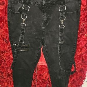 HT Denim Edgy Black Women's Denim Overalls with Suspender Straps Size 16